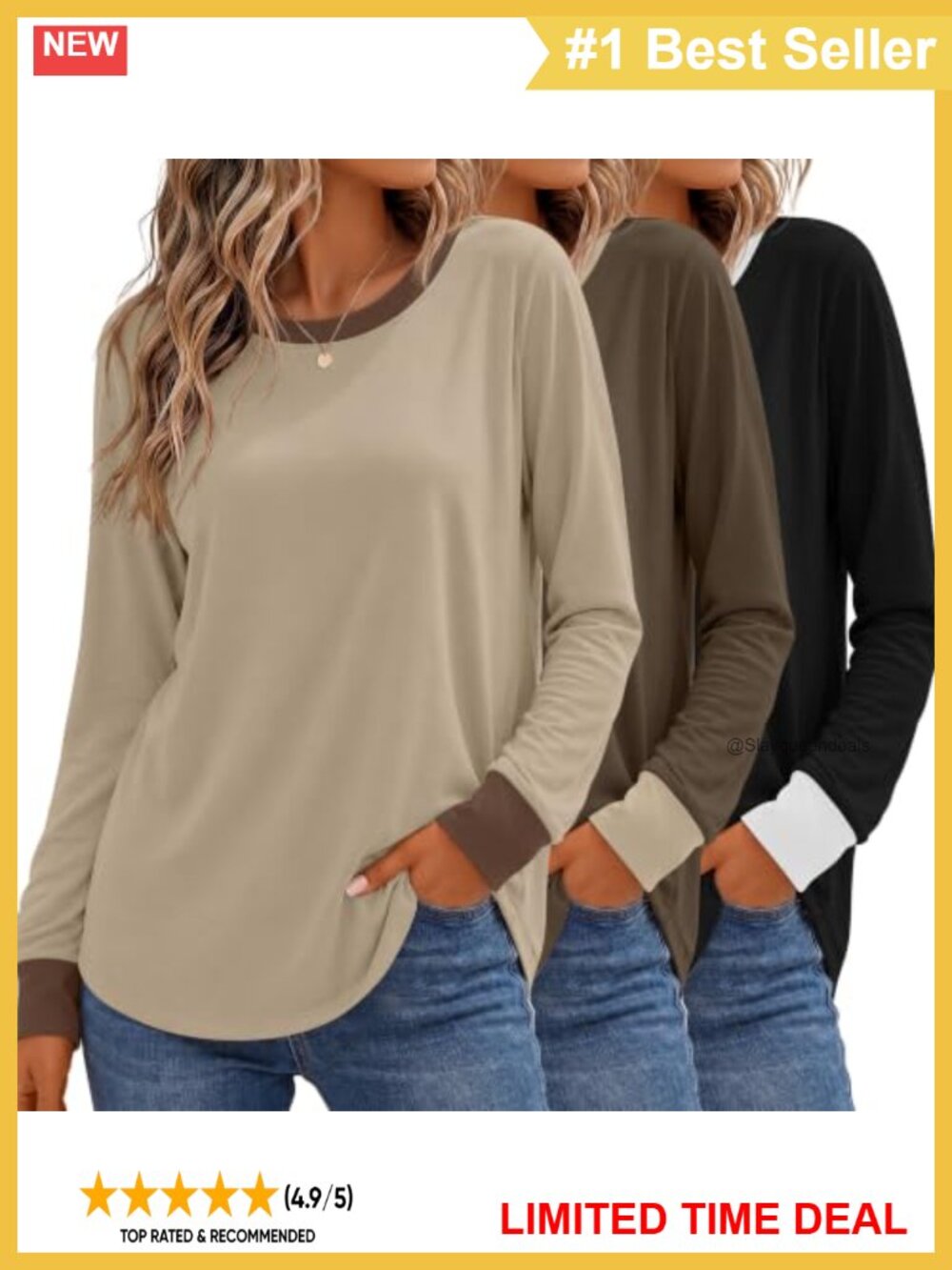 3 Pack Women's Long Sleeve Color Block Crewneck Tops Ribbed Trim